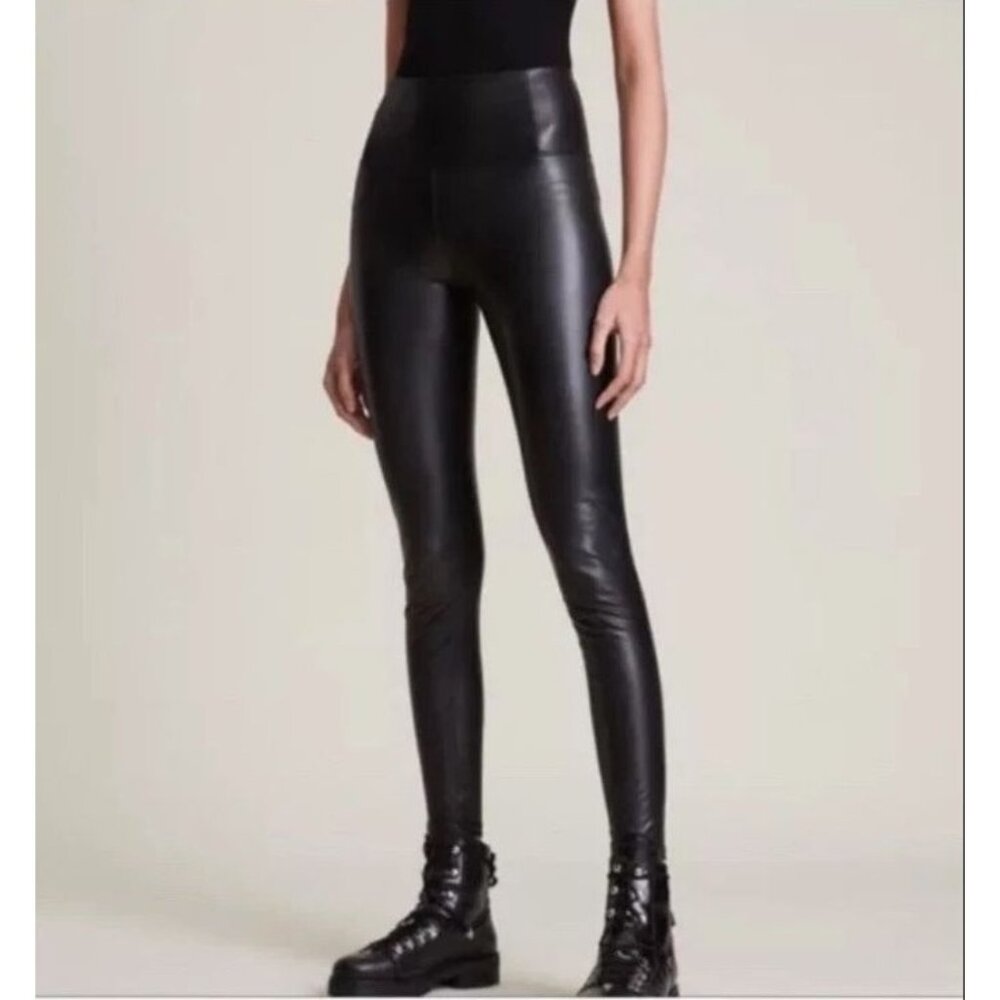Allsaints Womens 4 Cora Faux Leather Leggings Black Elastic Waist Stretch Slim